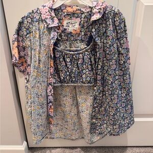 American Eagle Outfitters Navy, Pink & Yellow Floral Patchwork Button-Down Shirt